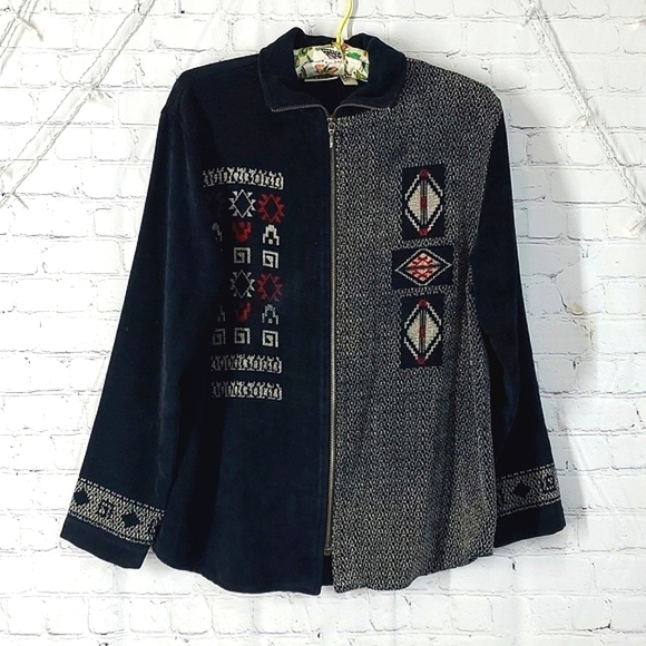 Vintage Chico's Design Navy Blue Black Southwestern Full Zip Jacket Shacket Sz 2 - Picture 4 of 17